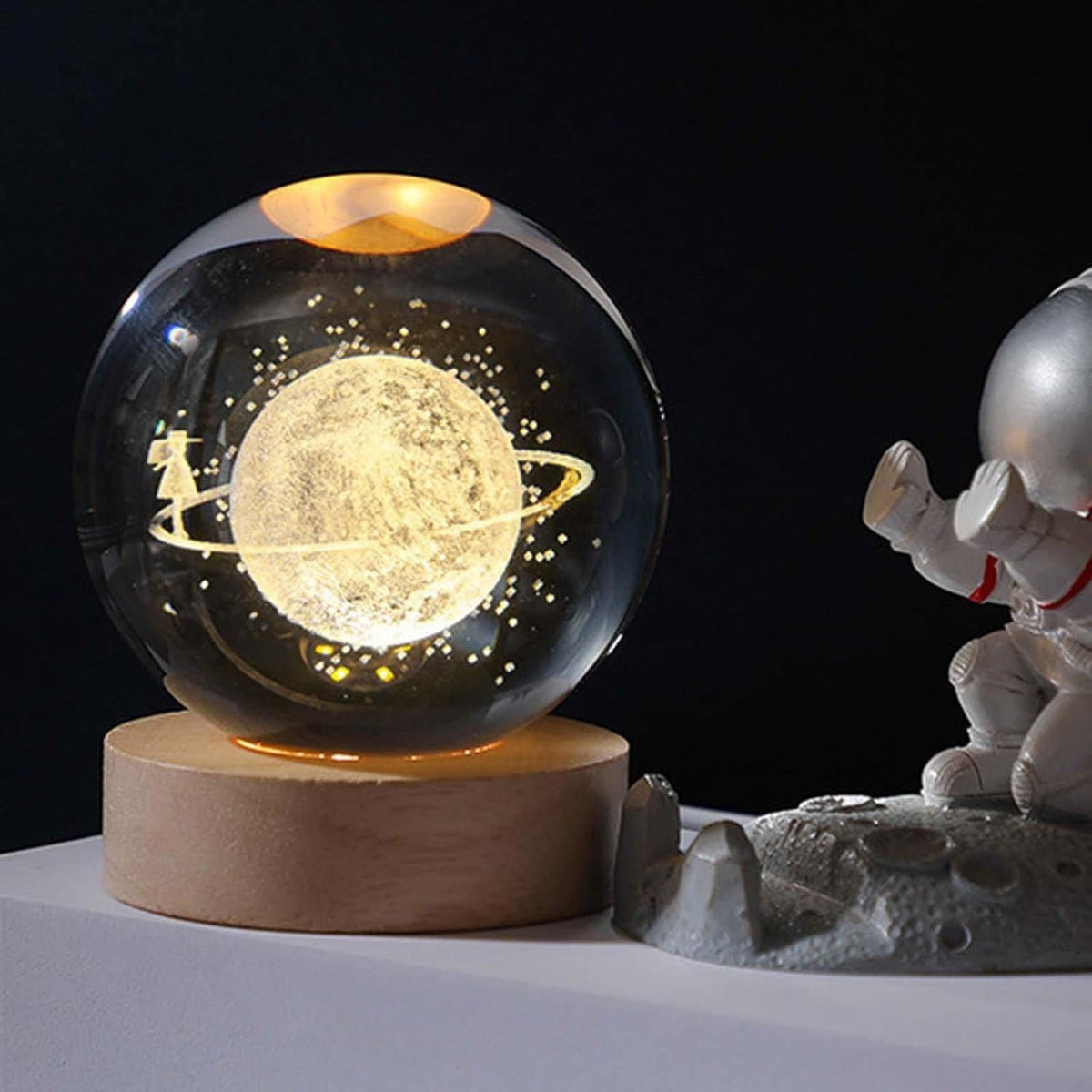 3D Crystal Planet Night Lamp with Astronaut & Wooden Base