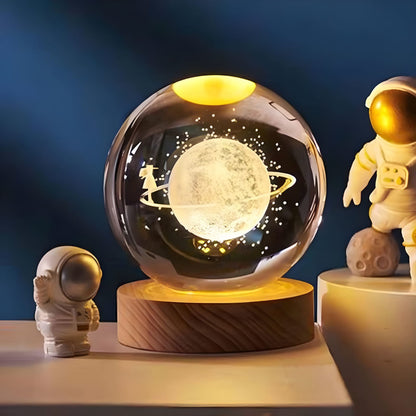 3D Crystal Planet Night Lamp with Astronaut & Wooden Base