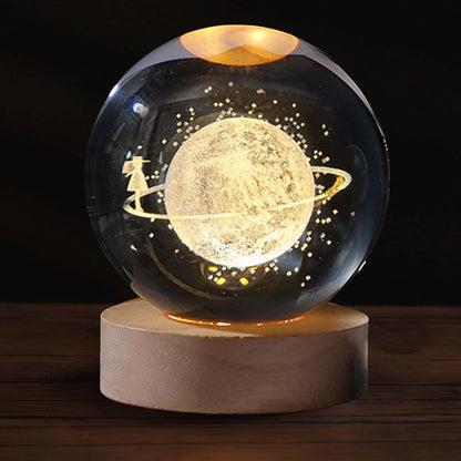 3D Crystal Planet Night Lamp with Astronaut & Wooden Base