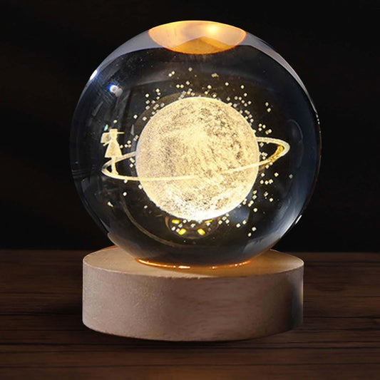 3D Crystal Planet Night Lamp with Astronaut & Wooden Base